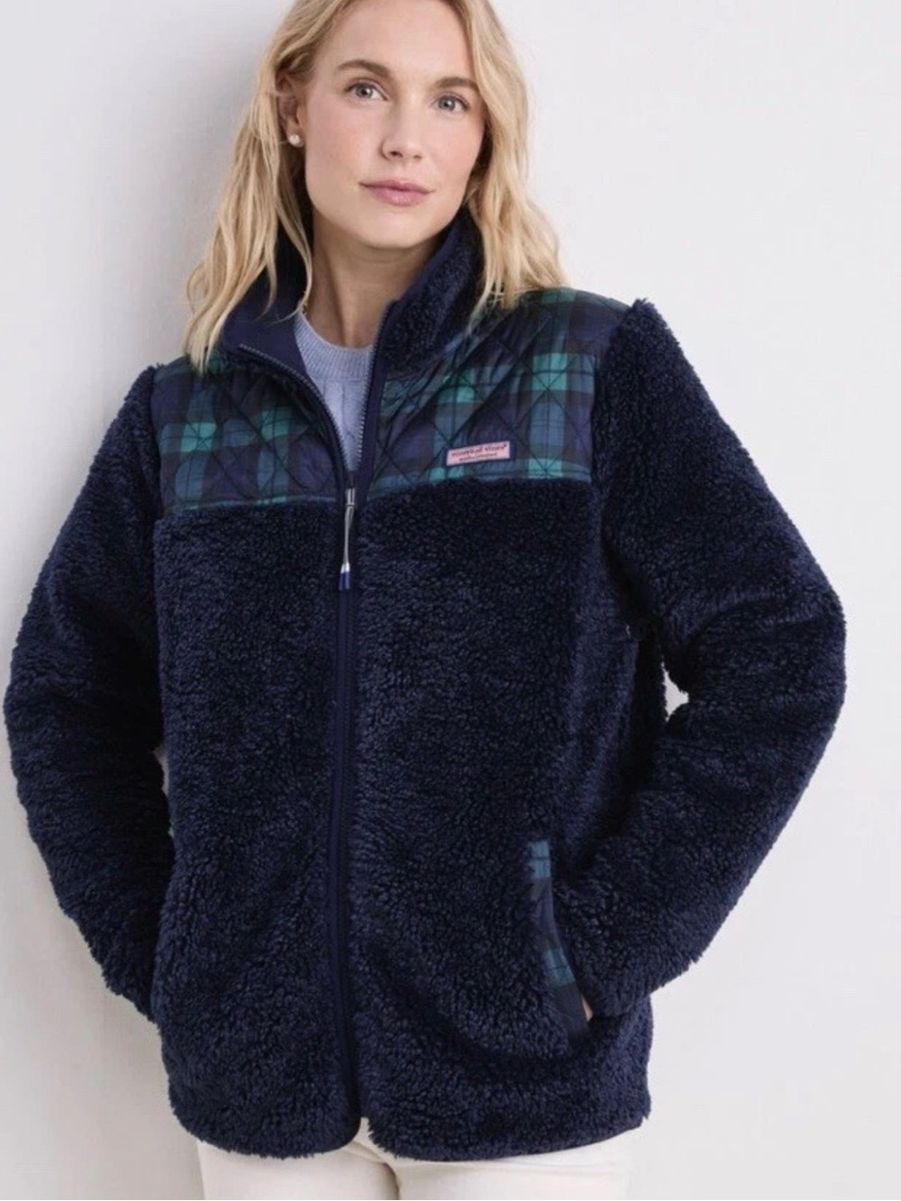 Vineyard Vines Navy Sherpa Jacket with Green Plaid Yoke